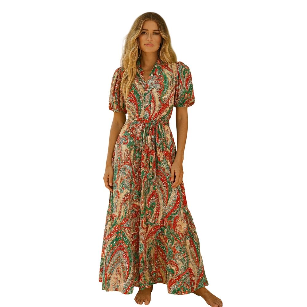Jade Melody Tam MEDIUM Floral Paisley Tiered Ruffle Maxi Dress Prairie Boho